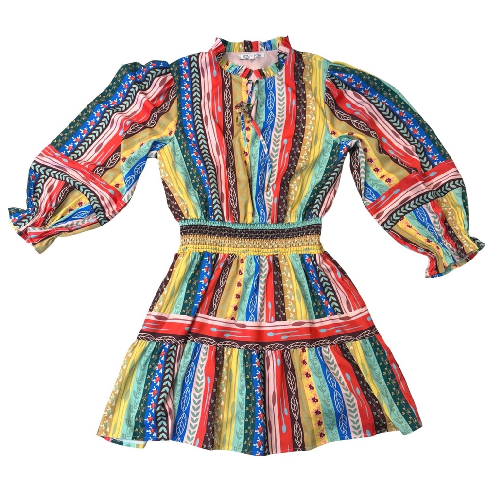 Joy Joy Womens Boho Multi Color Striped Smocked Waist Lined Tiered Mini Dress L